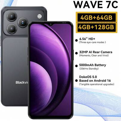 Blackview WAVE 7C 无锁智能手机，Android 16 系统，5000mAh 电池，13MP+32MP 侧边快捷键，八核处理器（4+8 核可扩展），GB+64GB/128GB/1TB SD 卡存储，6.56 英寸高清+显示屏，双卡双待 4G，不含充电器