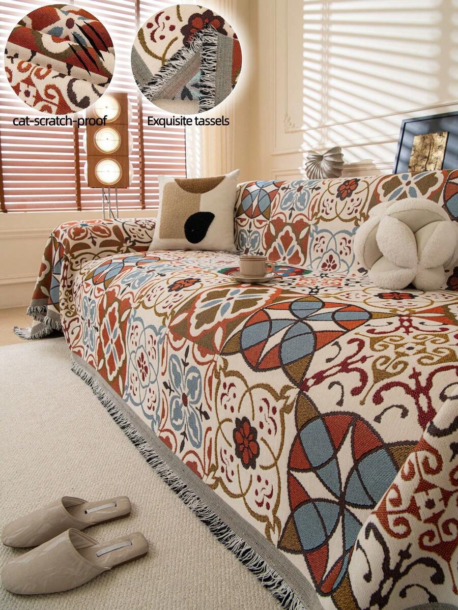 1pc Geometric Pattern Chenille Sofa Throw, Luxury Sofa Cover, Full Coverage Sofa Cushion Slipcover, All Season Use, Anti-Slip Anti-Dust Fixed Sofa Cover, Wrinkle-Resistant, Soft & Fine Texture, Protect Sofa, Machine Washable, Non-Deformation, Fade-Resistant, Durable, Anti-Pet Scratch, Anti-Stain, Sofa Makeover, Sofa Decor, Enhance Ambiance, 1-4 Seater, L-Shaped Sofa - Multicolor - View 1