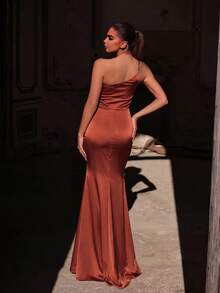 Faeriesty Women's One-Shoulder Satin Mermaid Evening Gown – Ruffle Detailing, Bodycon Fit, High-Leg Slit, For Receptions, Events, Dinners, Parties Party Wedding - Burnt Orange - View 2