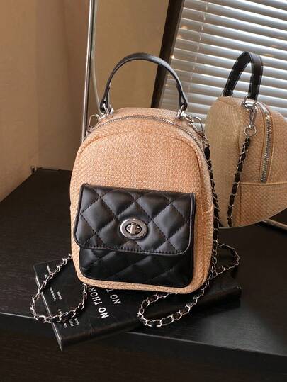 1pc Luxury Woven Mini Backpack, Faux Leather Quilted Patchwork, Metal Chain Strap, French Retro Banknote Aesthetic, Multifunctional Commute & Travel Backpack For Women