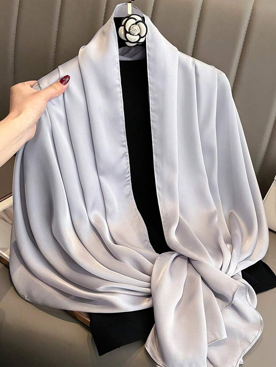 1条女士纯色新款真丝缎面围巾，婚礼/披肩 - 淺灰色 - 查看 1