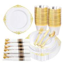Nervure 700PCS Gold Plastic Plates - Gold Plastic Dinnerware Sets For 100 Guests - 200 Disposable Plates, 300 Silverware, 100 Cups, 100 Napkins For Wedding &Amp; Party - Vàng - Xem 11