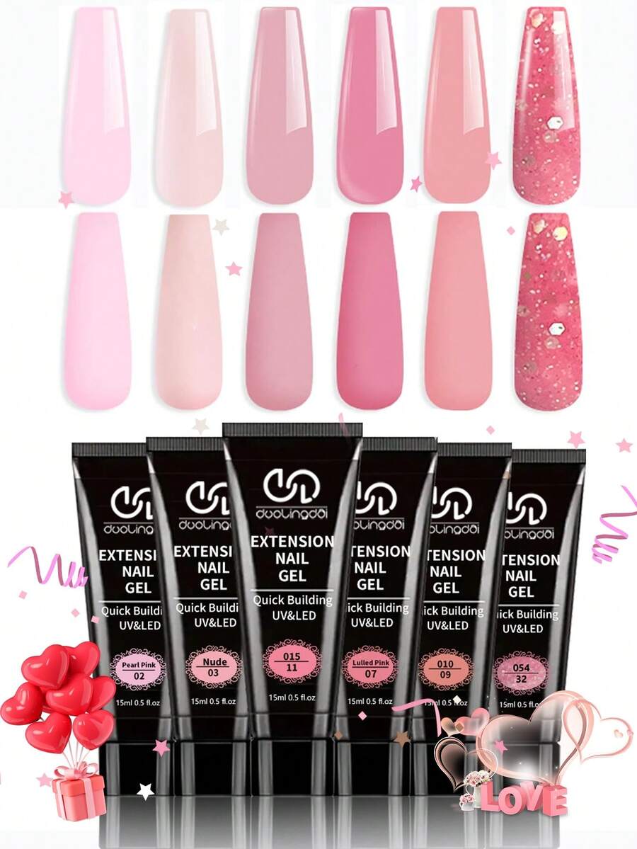 6 Colors Classic Nail Extension Gel Set - Polymer Gel Set For Nail DIY, Pink & Nude Base Gel For Nail Strengthening - Multicolor - View 1