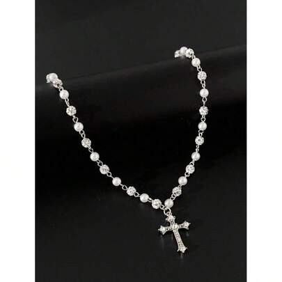 Vintage Elegant Minimalist Cross Decor Faux Pearl Necklace, Men's Hip-Hop Punk Charm Jewelry YGJU