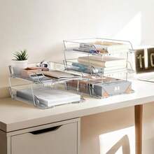 Simple Houseware - Organizador de bandeja de cartas apilable transparente de 2 niveles soporte para archivos de computadora para papel A4/tamaño carta clasificador de documentos organizador de - Claro - Ver 4