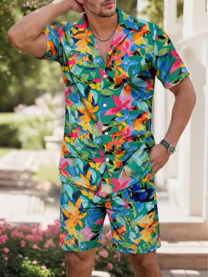Men's Allover Print Button-Down Short Sleeve Shirt And Drawstring Pocket Shorts Set, Summer Vacation Style, Cozy Outfits