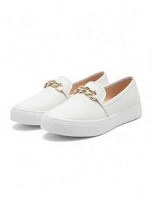 Women's Slip-On Casual Yacht Sneakers, Easy To Put On, Comfortable, With Rhinestone Bow. - Blanco - Ver 6