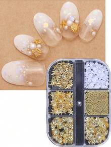 6件套金属海洋风美甲装饰品，金色海星、贝壳、珍珠、星形吊坠，美甲沙龙用品，适合女性和女孩DIY夏季美甲 - 彩色 - 查看 2