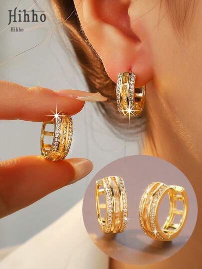 Hihho 1 Pair Multi-Layer Full Diamond Wide Hoop Earrings, Luxury Commuting Versatile Design, Exquisite Jewelry Earrings For Women, European And American Gorgeous Style Suitable For Daily, Festivals, Shopping