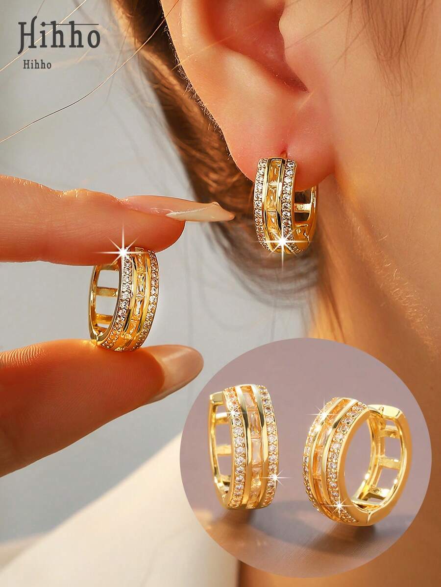 Hihho 1 Pair Multi-Layer Full Diamond Wide Hoop Earrings, Luxury Commuting Versatile Design, Exquisite Jewelry Earrings For Women, European And American Gorgeous Style Suitable For Daily, Festivals, Shopping - Earrings - View 1