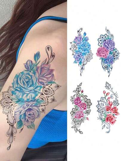 4 hojas de tatuajes temporales de arte corporal de mujer con un diseño de rosa brillante. Tatuaje falso impermeable, dura de 2 a 5 días y se puede usar en brazos, cuello, hombros, pecho, cintura y piernas. Perfecto para festivales, fiestas, festivales de música, regalos y también para amigos, parejas y familiares.
