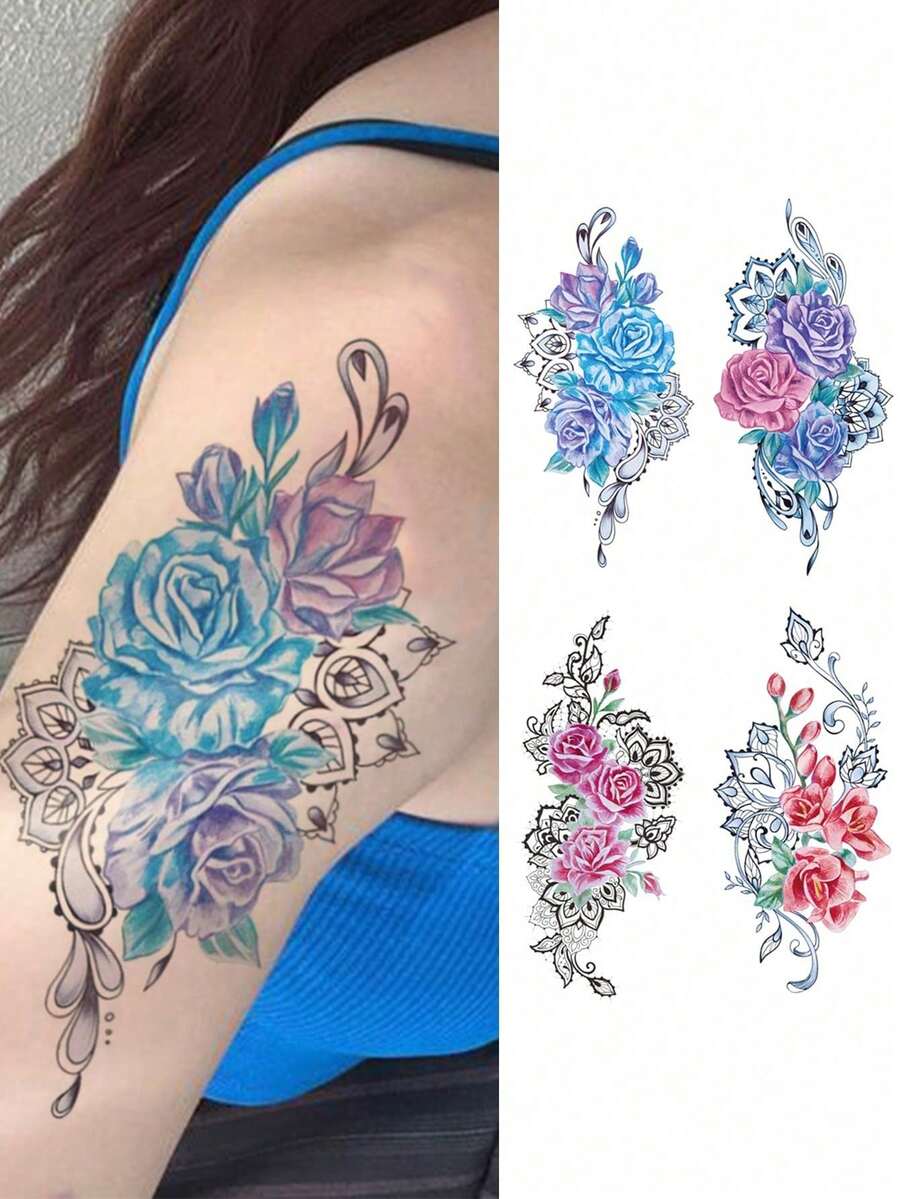 4张女士身体彩绘临时纹身贴纸，图案为明亮的玫瑰花。防水仿真纹身，可持续2-5天，可用于手臂、颈部、肩部、胸部、腰部和腿部。非常适合节日、派对、音乐节、送礼，也适合送给朋友、情侣和家人。 - 彩色 - 查看 1
