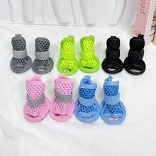 4pcs/Set Pet Open Toe Summer Outdoor Elastic Strap Wear-Resistant Anti-Slip Breathable Mesh Shoes, Suitable For Small Dogs Indoor & Outdoor - Blue - View 3