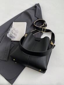 Korean High-End Versatile Bucket Bag, Fashionable And Solid Color Shoulder Bag, Retro And Niche Design, Women's Shoulder Bag Suitable For Work, Commuting, Daily Outings, Shopping And Dating - Black - View 11