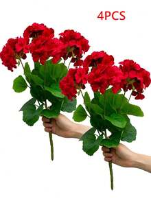 1/4 pieza Flor de geranio de seda artificial, planta de geranio falsa para decoración del hogar, jardín interior, balcón, tumba, jarrón, mesa - Rojo - Ver 11
