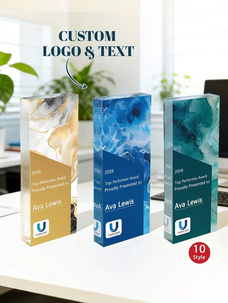 1pc Customized Logo & Text Marble Acrylic Trophy - 10 Personalized Business Award Medals, Customized Name & Company Acrylic Decor, Fluid Art Theme Trophy, Ideal Gift For Employee Recognition, Company Milestone And Business Events, Top Performer, Team And Corporate Client - Multicolor - View 1