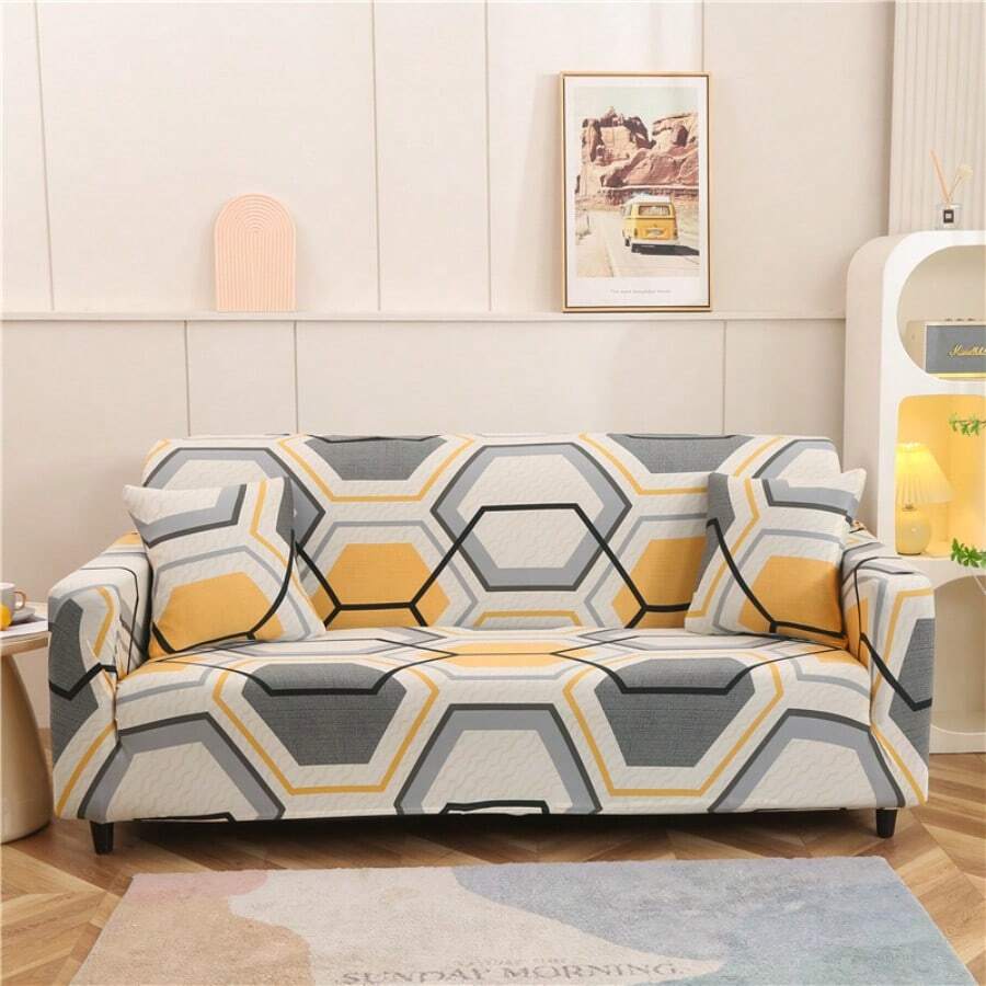 1 tấm bọc ghế sofa in họa tiết, chất liệu sợi polyester co giãn, kiểu dáng tối giản, dệt kim mềm mại như lụa sữa, phù hợp cho mọi mùa. - Màu vàng - Xem 1