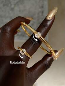 1/2pcs 18K Gold Plated Copper Bracelet & Ring Set With Artificial Zirconia Stones, Rotatable, Suitable For Women's Daily Wear, Gift, Perfect Party Favor - Gold - View 9