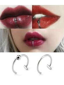 3 Piecesclip-On Nose Ring Set, Hip-Hop Style Personalized Stainless Steel Lip Ring Accessory Decoration Fake Perforated Accessory Set, Party And Holiday Gift - 3 Silver Lip Rings - View 3