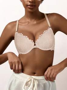 Sujetador con cierre delantero de encaje con aros - Diseño de espalda en forma de U, da forma a la curva de la espalda, levanta el busto, sexy y cómodo, de moda y versátil, adecuado para uso diario y ocasiones especiales - Beis - Ver 9