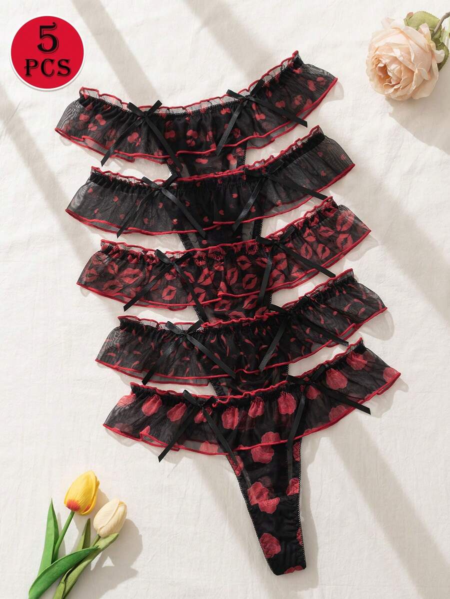 Bộ 5 chiếc quần lót dây mảnh màu đen lưới gợi cảm, viền bèo nhún, in hình trái tim và môi, đồ lót nữ. - Nhiều màu - Xem 1