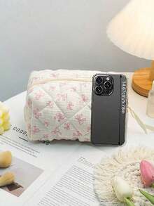 Cute Bow Make Up Bag Cute Bow Knot Pattern Toiletries Bag Travel Make Organizer Zipper Pouch, Quilted Cosmetics Bag, Stylish Foldable Commuter Makeup Bag For Brushes Aesthetic Cosmetic Bag For Gift, Friend, Girls, Student Quilted Floral Flower Zippered Makeup Bag Cute Floral Cosmetic Bag With Zipper Gift Storage Jewelry Organizer Box Bathroom Set Valentines Back To School Supplies 0OOE - Màu xanh lam - Xem 10