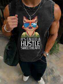 Disney Official Licensed  Unisex Acid Wash Sleeveless T-Shirt, Nick Wilde "It's Called A Hustle Sweetheart" Graphic Tank Top, 230g Heavyweight Cotton Blend, Casual Streetwear Top, Breathable Summer Wear - 黑色 - 查看 3