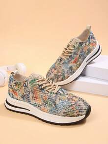 2026 New Women's Fashion Rainbow Gradient Lace Mesh Platform Casual Shoes, Breathable Lightweight Summer Sneakers - Blue and Apricot - View 6