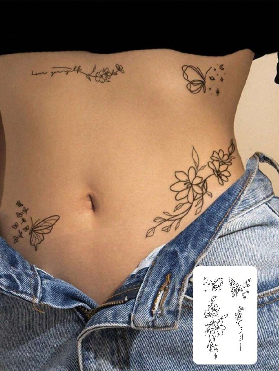 1 pieza Tatuaje temporal de hierbas que dura de 7 a 14 días, pegatina de tatuaje temporal con diseño minimalista de mariposa y patrón floral abstracto misterioso para la cintura, pegatina de tatuaje temporal a prueba de agua y de moda adecuada para personas - Negro - Ver 1