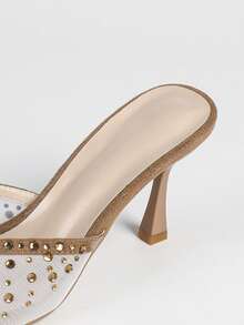 Giày sandal nữ gợi cảm kiểu hộp đêm, phối lưới rỗng, gót hở thoáng khí, thắt nơ, màu mơ, giày dự tiệc mùa hè nhẹ nhàng, đính đá và lưới xuyên thấu, gót cao. - Màu be - Xem 4