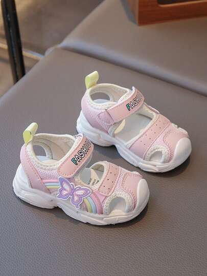 1 Pair Girls' Dopamine Color Butterfly & Rainbow Decor Sports Sandals, Summer Breathable Non-Slip Hook And Loop Sandals