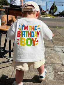 1件婴儿/幼儿男童创意卡通图案字母标语印花基本款圆领短袖T恤，休闲时尚 - 白色 - 查看 1