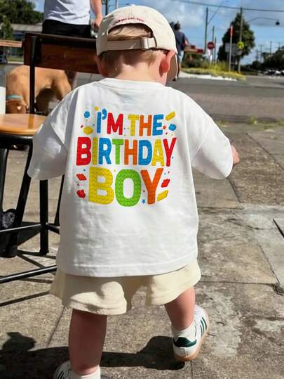 1件婴儿/幼儿男童创意卡通图案字母标语印花基本款圆领短袖T恤，休闲时尚