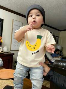 1件婴儿/幼儿男童创意卡通图案字母标语印花基本款圆领短袖T恤，休闲时尚 - 杏色 - 查看 6