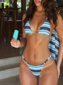 Women's Bikini Set Set, Halter Tie Backless Ladies Swimwear, Blue & Brown Striped Print High Elasticity Fabric, Suitable For Party, Music Festival, Valentine's Day, Beach Outfit, Elegant Ladies Beach Bikini Set Vacation Summer - Multicolor - View 1