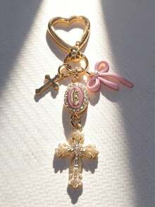 Religious Cross Keychain, Decorated With Religious Love And Crystal Cross, Bag Charm, Bag Amulet, Pearl And Diamond - Cross Keychain, Bag Accessory, Cross Pendant, Wallet, Backpack Accessory, Earphone Case Accessory - Multicolor - View 6