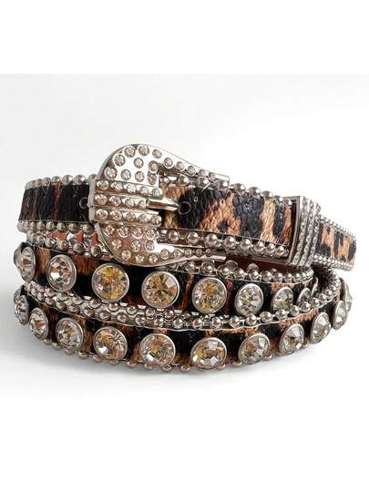 Thắt lưng bản hẹp họa tiết da báo gợi cảm, đính đá lấp lánh, khóa cài đơn, thích hợp cho kỳ nghỉ, đi biển và đồ bơi.