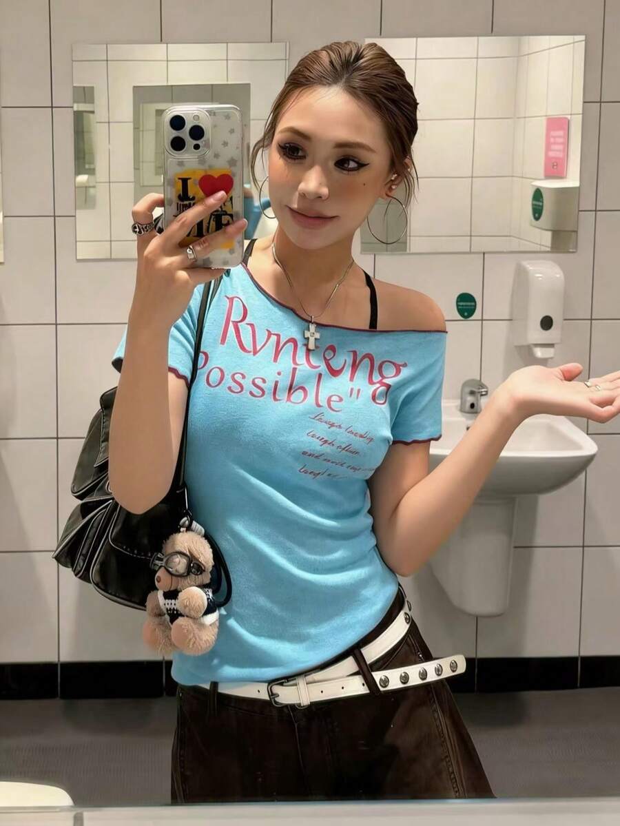 American Style Sexy Crop Top, Women's Blue Slim Fit Asymmetrical Shoulder Short Sleeve T-Shirt For Summer - Blue - View 1