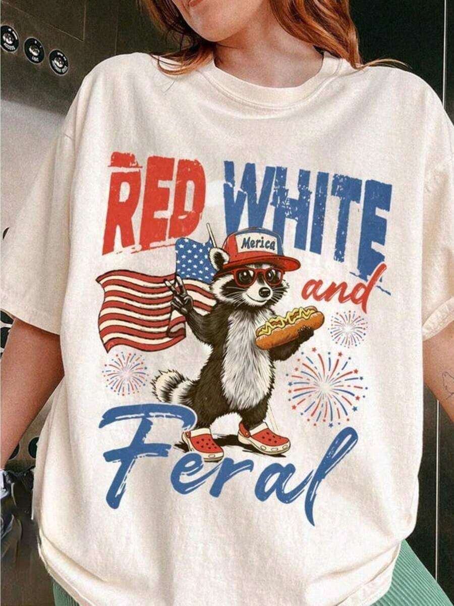Red White And Shirt, Funny Raccoon Shirt, 4th Of July Shirt, Shirt, Hotdog Shirt, Funny USA Shirt, Merica Shirt | Exquisite Design | Loose And Comfortable | Easy To Match | - 白色 - 查看 1