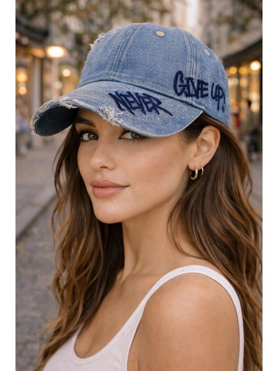 1pc New Distressed Frayed Embroidered Letter Baseball Cap, Fashion Versatile Sunshade Hat - 藍色 - 查看 1