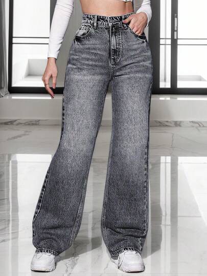 Pantalones vaqueros diarios simples unicolor para mujer, Jeans rectos holgados y lavados en negro