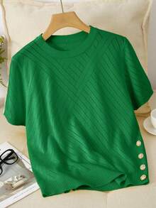 GIGOGOU 1XL-4XL 女式加大码时尚春夏针织T恤基础休闲短袖上衣 - 綠色 - 查看 1