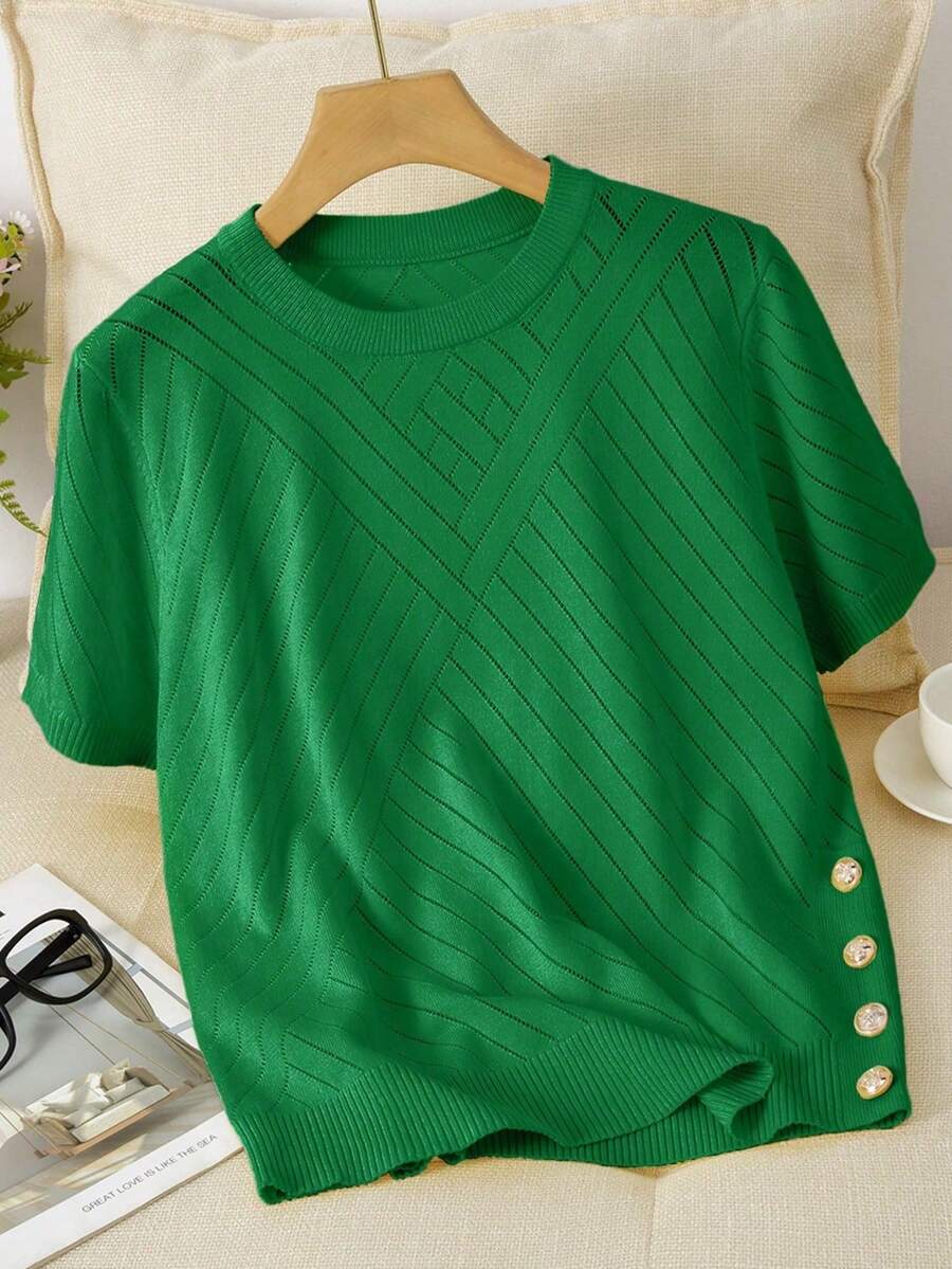 GIGOGOU 1XL-4XL 女式加大码时尚春夏针织T恤基础休闲短袖上衣 - 綠色 - 查看 1