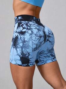 NcmRyu 1件装 女士高腰无缝弹力扎染运动修身短裤 - 藍色 - 查看 3