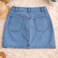Women's High-Waisted Denim Short Skirt With Front Pockets, Light Blue - Azul claro - Ver 2