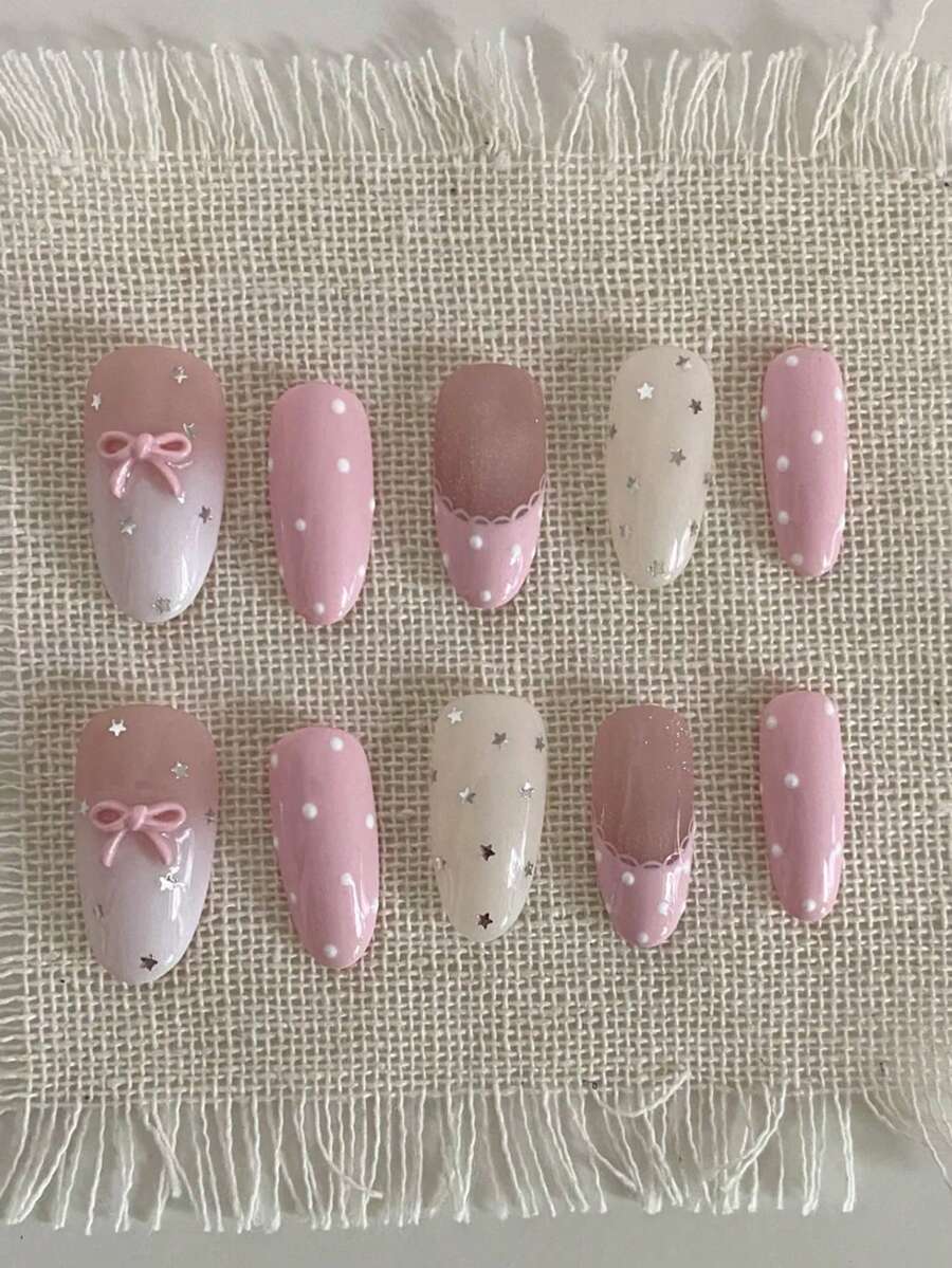 10pcs Handmade Almond-Shaped Nail Stickers, Pink & White With 3D Bow And Dotted Patterns, Cute & Fashionable, Suitable For Spring, Summer, Autumn, Winter, Holidays And Daily Use - Baby Pink - View 1
