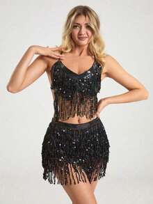 1 Set Sequin Tassel Dress Set Women's Two Pieces Crop Top Camisole Bag Hip-Lifting Mini Skirt Shiny Tassel Set Halloween - Multicolor - View 6
