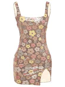 Spring And Summer New Women's Clothing Fashion Temperament Sexy Slim Square Neck Sequined Hip-Wrapped Split Dress - 杏色 - 查看 5