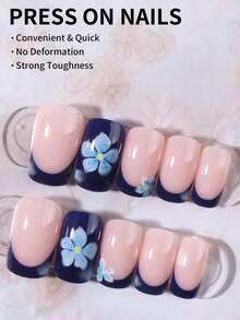 24pcs Light Blue Square Fake Nails, Includes 1 Gel Polish And 1 Nail File, Suitable For Daily Work, Party, Summer, Easy To Wear Floral Pattern Manicure - Multicolor - View 2