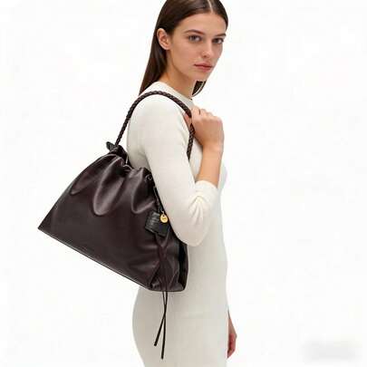 【单肩包】Songmon 春夏畅销黑色手提包，轻便柔软皮革女士托特包，大容量垃圾袋，通勤单肩包，小众复古设计，女士单肩斜挎皮包，适合购物、通勤、旅行、约会、日常、户外、露营、派对等场合。